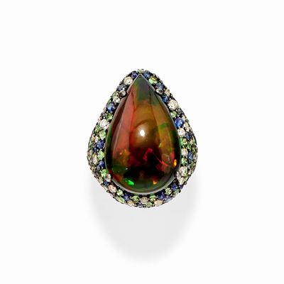 Anello in Oro Giallo e Brunito 18k, Diamanti, Tsavoriti e Opale
