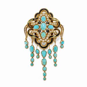 - Spilla in oro giallo 18k, turchesi, perle e smalto, XIX secolo