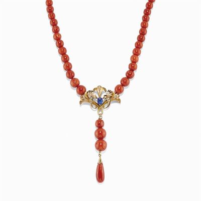 Collana in Oro 18k, Corallo, Microperle e Zaffiro