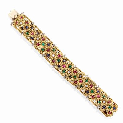 Bracciale in Oro Bicolore 18k, Smeraldi, Rubini, Zaffiri e Diamanti