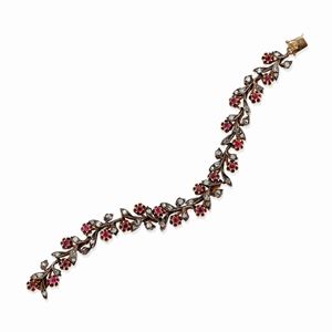  - Bracciale in argento, oro giallo 18k, rubini e diamanti, inizio XX secolo