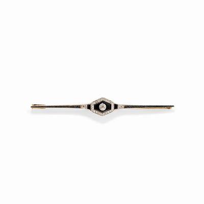 Spilla in Platino, Oro Giallo 18k, Diamanti e Onice