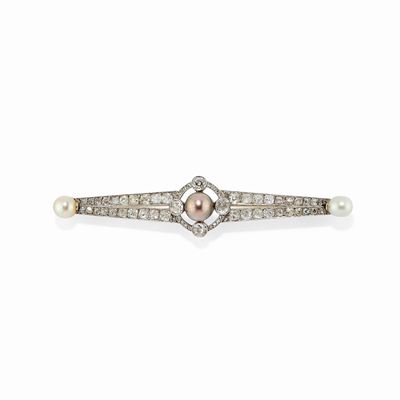 Spilla in Platino, Oro Bianco 18k, Diamanti e Perle