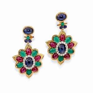 A 14k yellow gold, diamond, sapphire, ruby and chrysoprase earrings