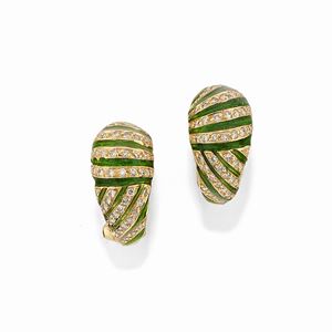 A 18k yellow gold, diamond and enamel earrings, circa 1970