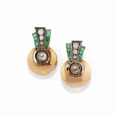 Orecchini in Oro Rosso 9k, Diamanti e Smeraldi, 1920 Circa