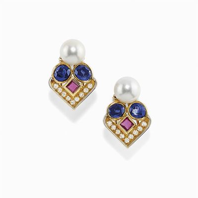 Orecchini in Oro Bicolore 18k, Perle Coltivate Giappone , Rubini, Zaffiri e Diamanti