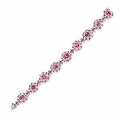 Bracciale in Oro Bianco 18k, Diamanti, Zaffiri Rosa e Tormaline Rosa