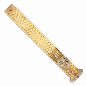  - Bracciale in oro rosso 18k e diamanti, 1940 circa