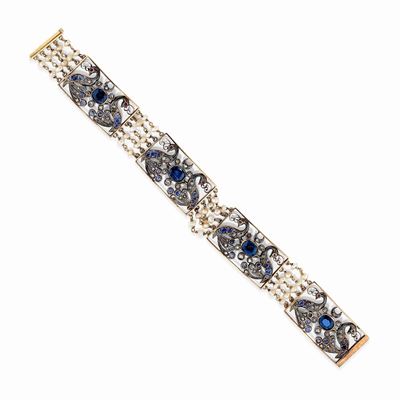 Bracciale in Oro Giallo 18k, Argento, Diamanti, Zaffiri, Rubini e Perle, XX Secolo