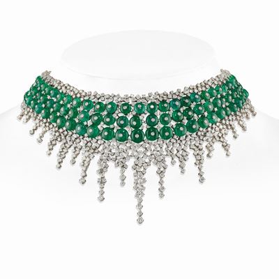 Importante Collana in Oro Bianco 18k, Diamanti e Smeraldi