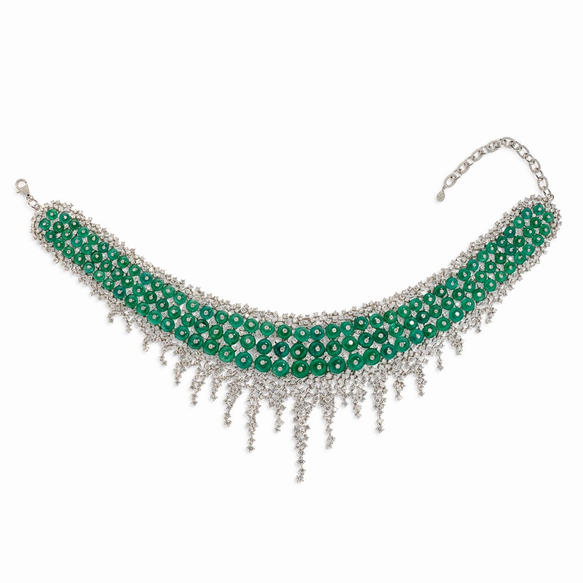 Importante Collana in Oro Bianco 18k, Diamanti e Smeraldi