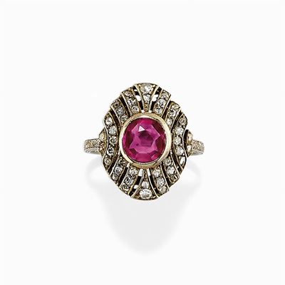 Anello in Oro Bianco, Diamanti e Rubino, 1925 Circa