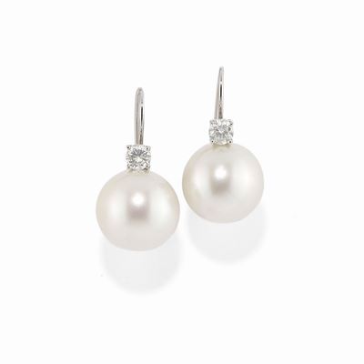 Orecchini in Oro Bianco 18k, Diamanti e Perle
