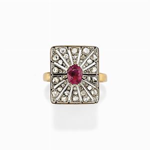 Anello in platino, oro, diamanti e rubino