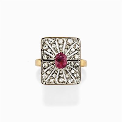 Anello in Platino, Oro, Diamanti e Rubino