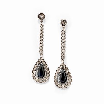 Orecchini in Oro Bianco 18k, Diamanti e Zaffiri, XIX Secolo