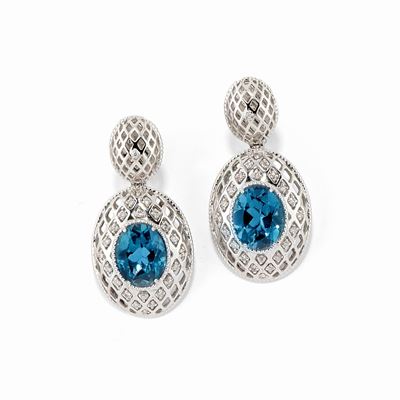 Orecchini Oro Bianco 18k, Diamanti e Topazi