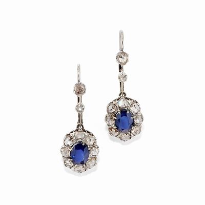 Orecchini in Oro Bianco 18k, Diamanti e Zaffiri, XIX Secolo
