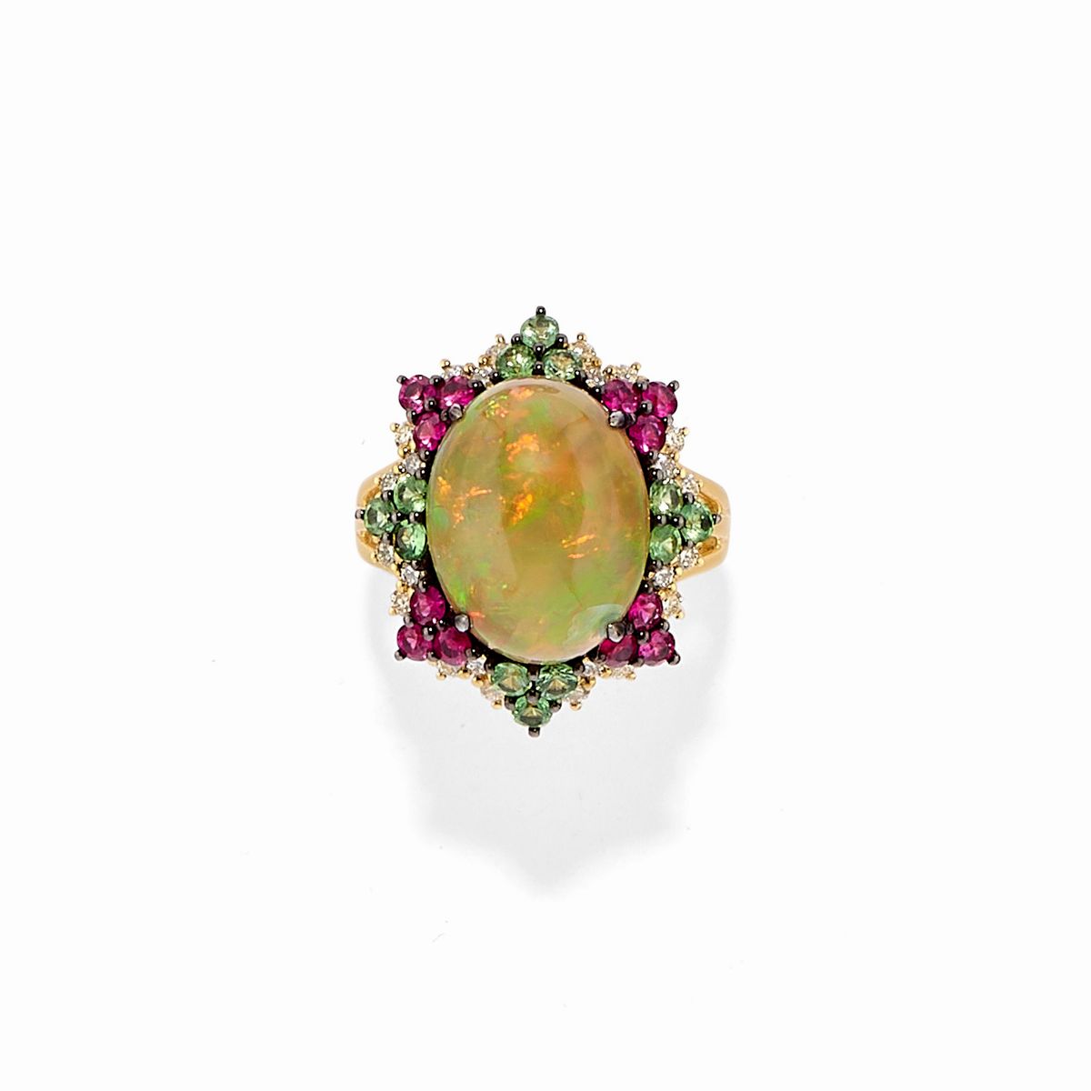 Anello vintage a "V" in oro giallo 14k con zaffiro marquise e diamanti