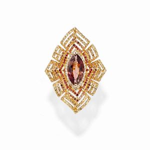 - Anello in oro giallo 18k, tormalina, diamanti e zaffiri orange