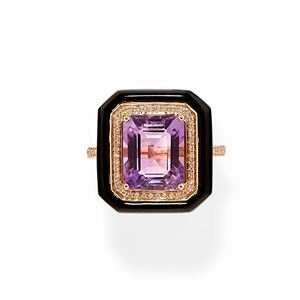  - Anello in oro rosso 18k, ametista, diamanti e onice