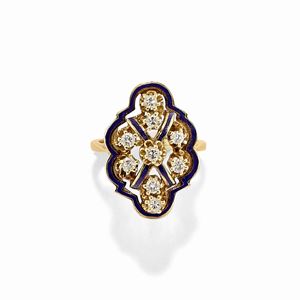  - Anello in oro giallo 14k, diamanti e smalto, inizio XX secolo