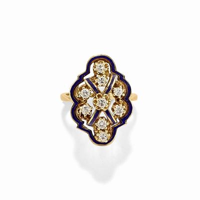 Anello in Oro Giallo 14k, Diamanti e Smalto, Inizio XX Secolo