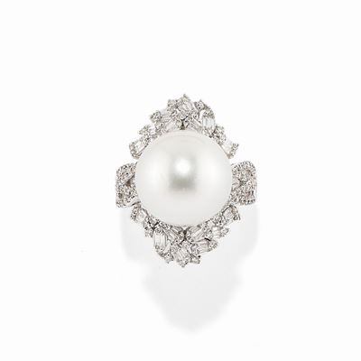 Anello in Oro Bianco 18k, Diamanti e Perla