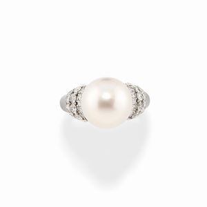 A 18k white gold, diamond and cultured pearl ring