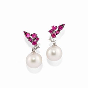 A 18k white gold, cultured pearl, diamond and ruby earrings