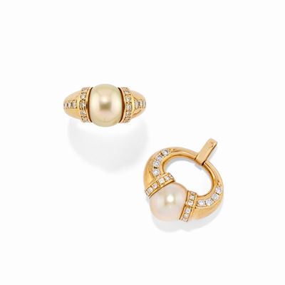 Anello e Pendente in Oro Giallo 18k, Perle e Diamanti