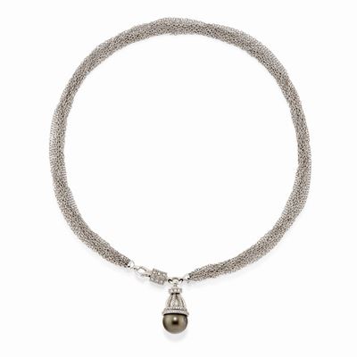 Collana in Oro Bianco 18k, Diamanti e Perle Coltivate