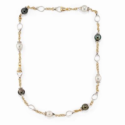Collana in Oro Bicolore 18k, Perle Coltivate e Diamanti
