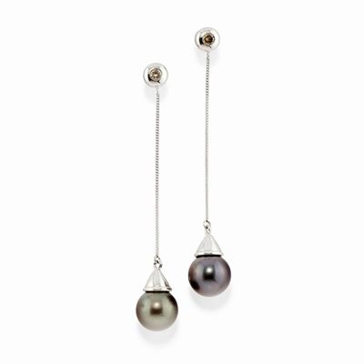 Orecchini in Oro Bianco 18k, Diamanti e Perle Coltivate Tahiti
