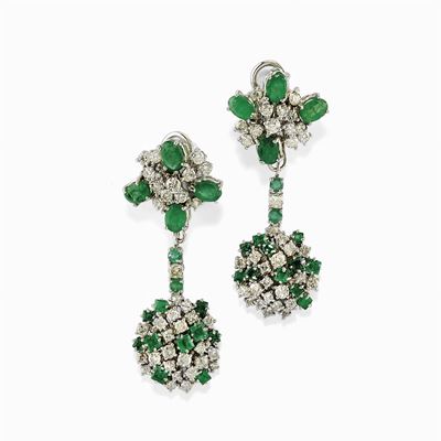 Orecchini Pendenti in Oro 18k, Smeraldi e Diamanti