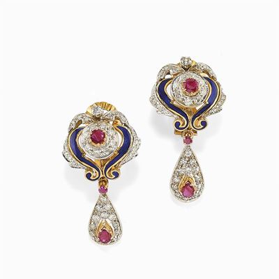 Orecchini Pendenti in Oro Bicolore 18k, Rubini, Smalto e Diamanti