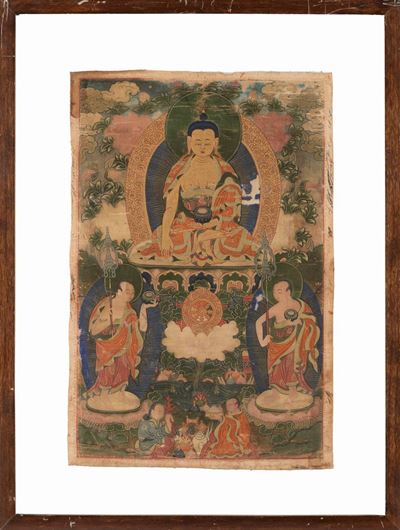 Thangka raffigurante Buddha Shakyamuni con discepoli Shariputra e Maudgalyayana, Cina, inizio XIX...