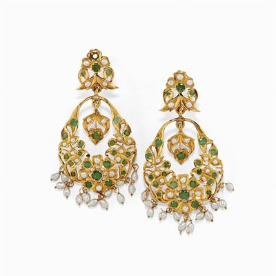 Orecchini Pendenti in Oro 18k, Smeraldi e Perle