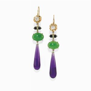  - Orecchini pendenti in oro 14k, diamanti, onice, pietra verde e ametiste