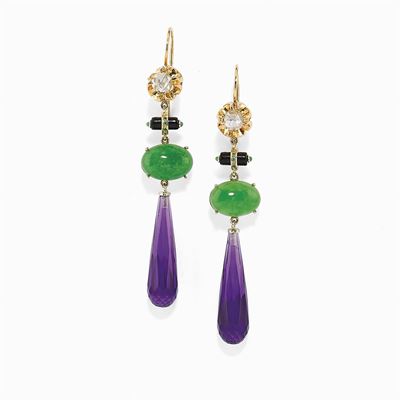 Orecchini Pendenti in Oro 14k, Diamanti, Onice, Pietra Verde e Ametiste