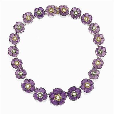 Collana in Argento, Oro 9k, Ametiste, Perle Coltivare e Smeraldi