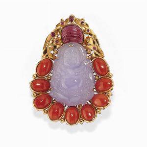 A 14K gold, coral, jade, tourmaline and red gemstones pendant-brooch
