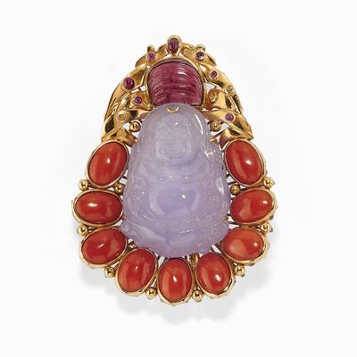 Pendente-spilla in Oro 14k, Corallo, Giada Lavanda, Tormalina Rosa e Pietre Rosse