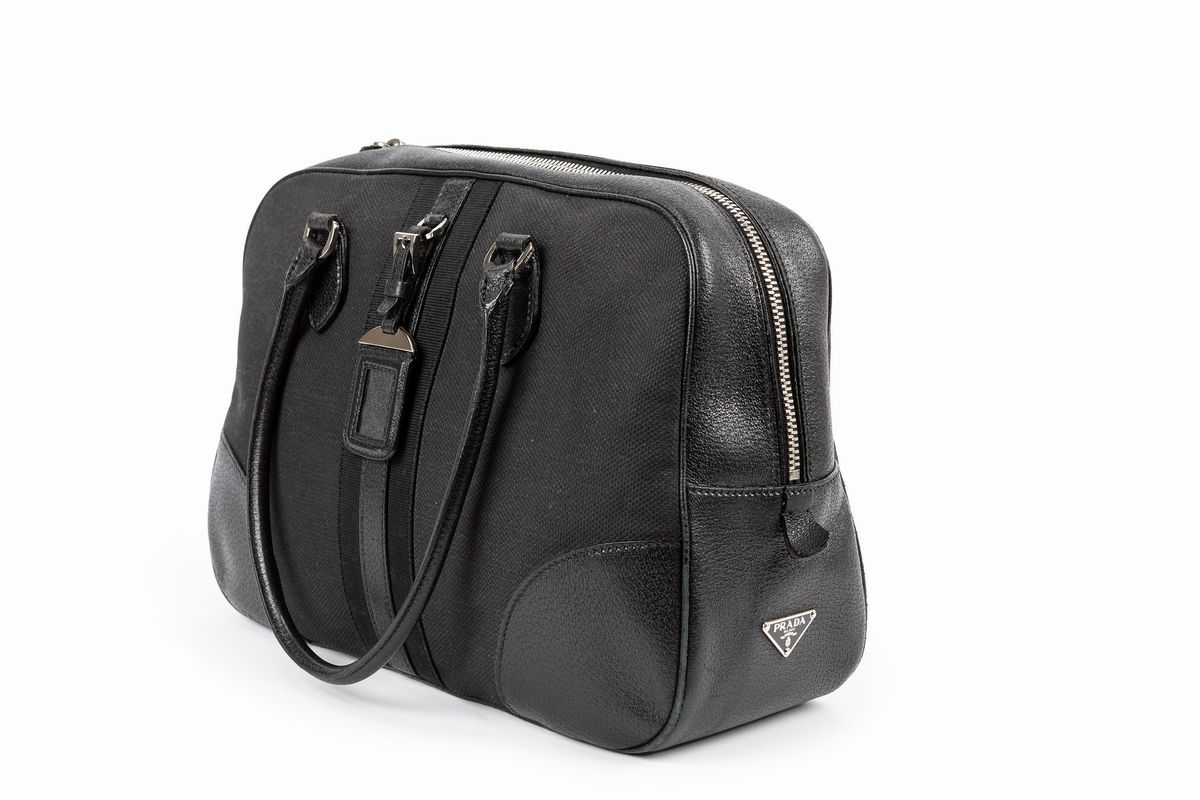 Prada - Borsa Shopper in tessuto e pelle nera con manici e chiusura a cerniera