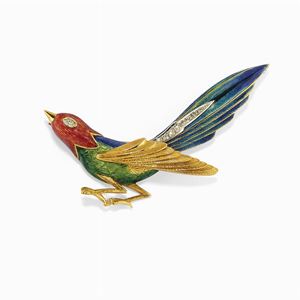 Spilla in oro bicolore 18k, smalto e diamanti