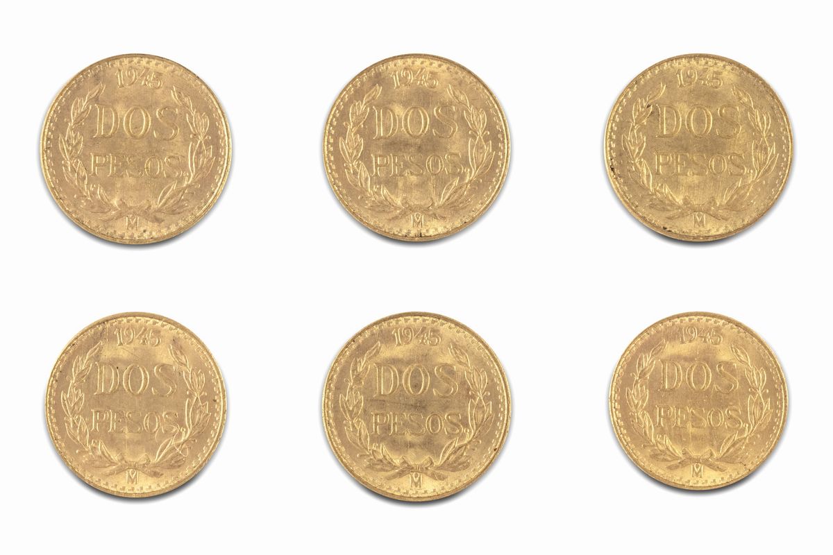 Messico, Estados Unidos Mexicanos (dal 1905) - Messico, Lotto di 6 esemplari di 2 Pesos in oro 19...