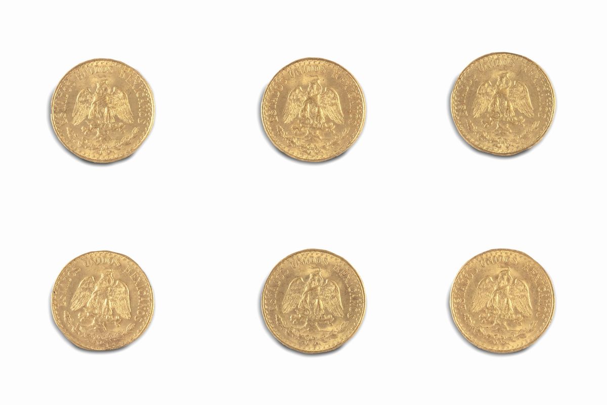 Messico, Estados Unidos Mexicanos (dal 1905) - Messico, Lotto di 6 esemplari di 2 Pesos in oro 19...