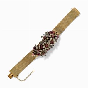  - Bracciale in oro 18k, argento, diamanti e granati