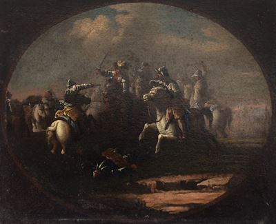 Salvator Rosa, Scontro di cavalieri, olio su cartone